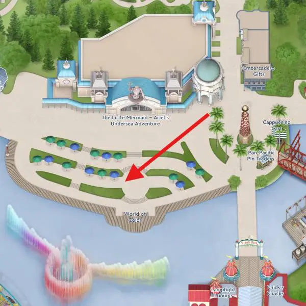 Location of Paradise Gardens Park Waterfront Benches For Neurodivergent Disneyland Visitors.