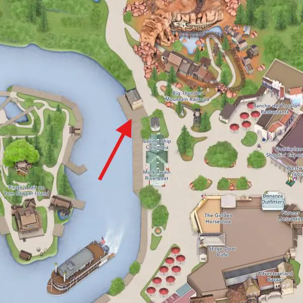 Location of Mark Twain Riverboat Waiting Area For Neurodivergent Disneyland Visitors.