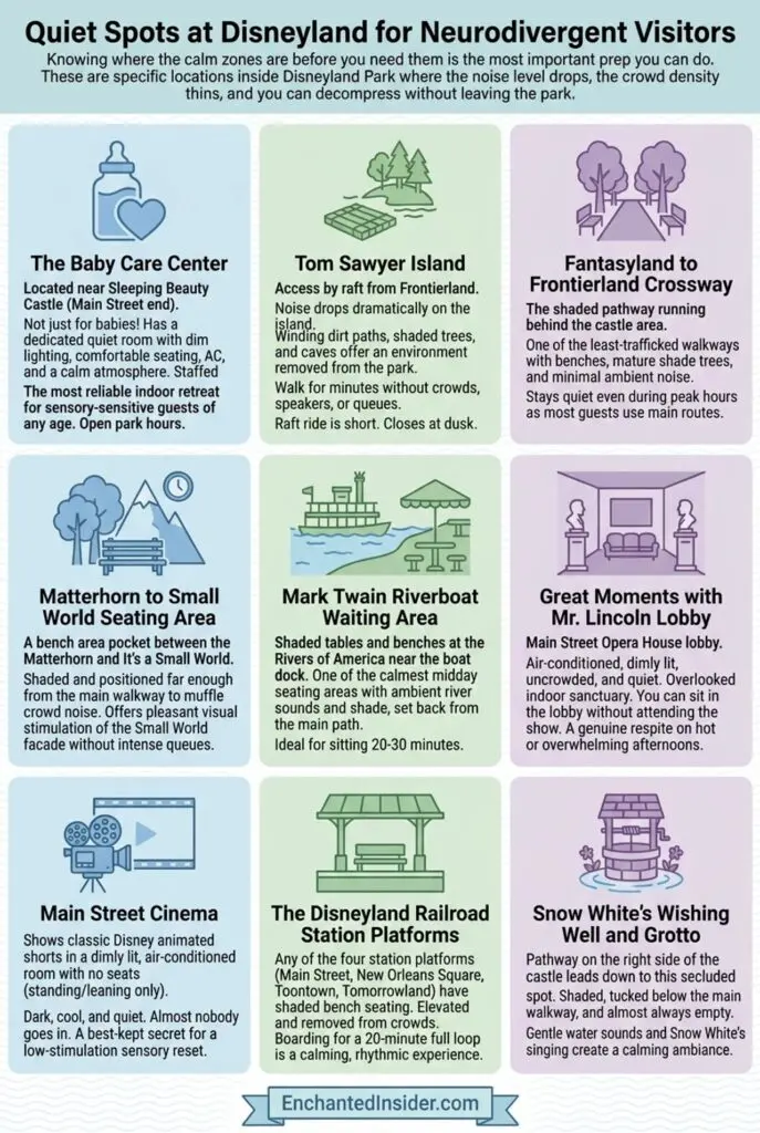 Infographic of quiet places to go at disneyland for Neurodivergent, autistic disneyland visitors.
