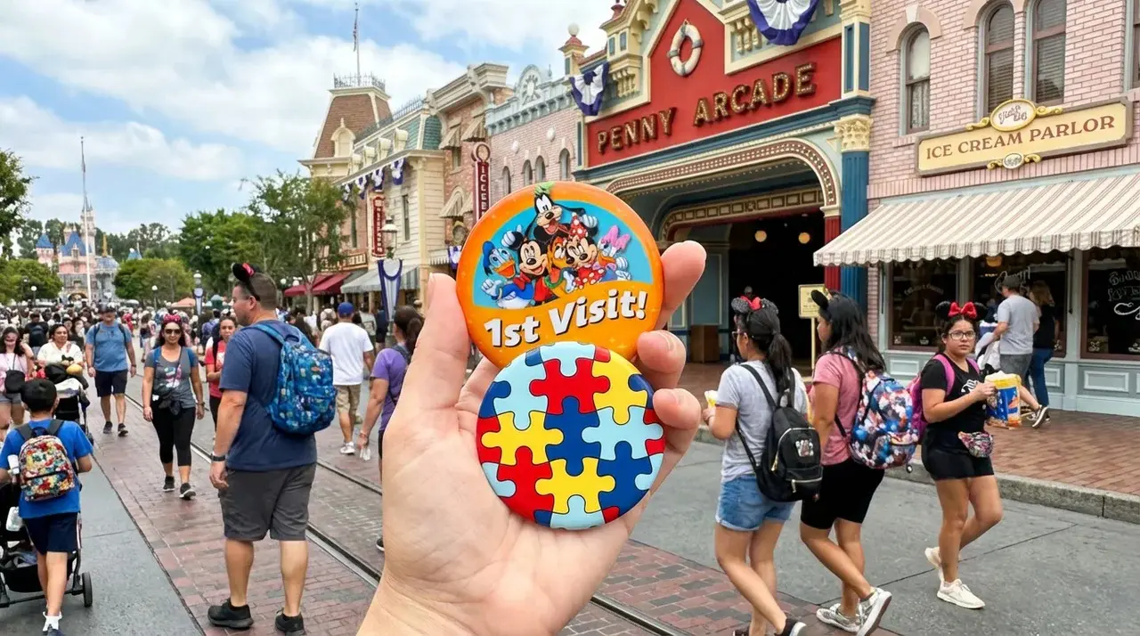 Disneyland 1st visit pin with an autism awareness pin at main street in disneyland.