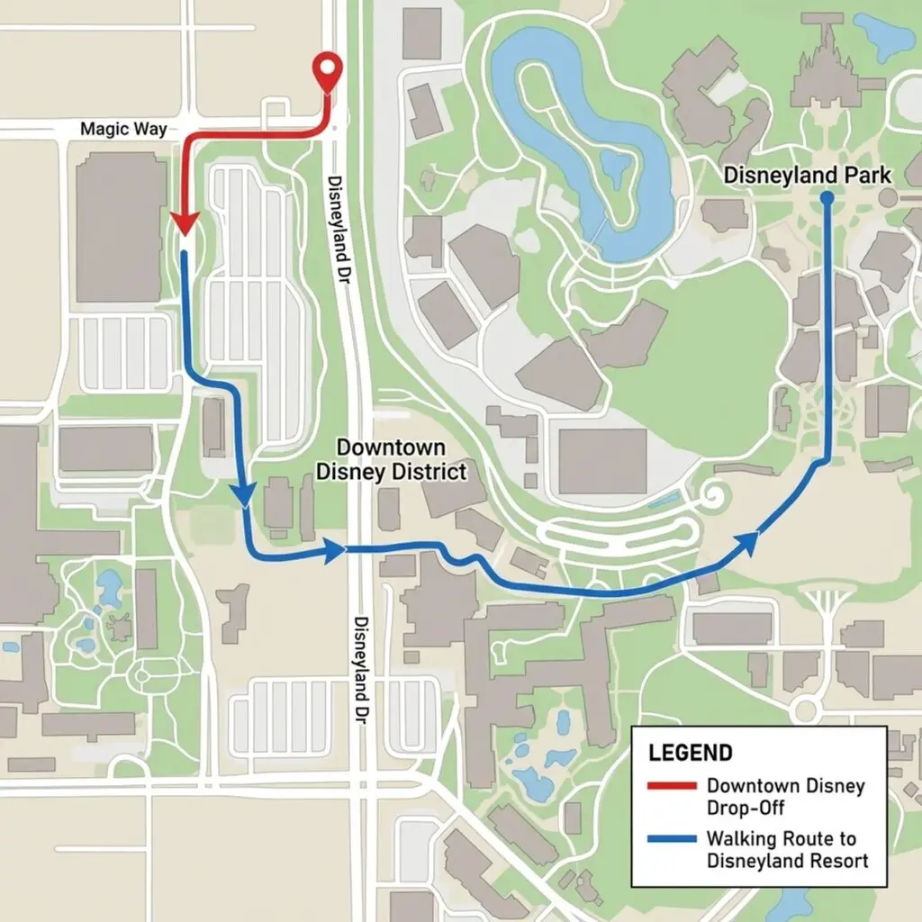 Map of The walking Route from the downtown disney ride drop off with walking map to the disneyland resort.
