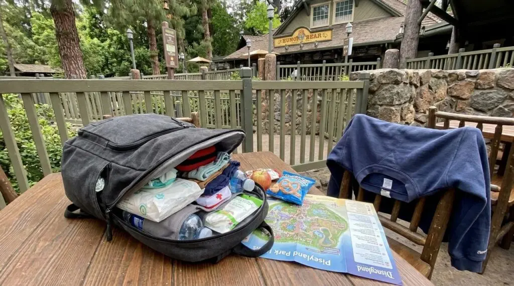 Amazon Basics Backpack at Disneyland, sitting on a table at the hungry bear restaurant