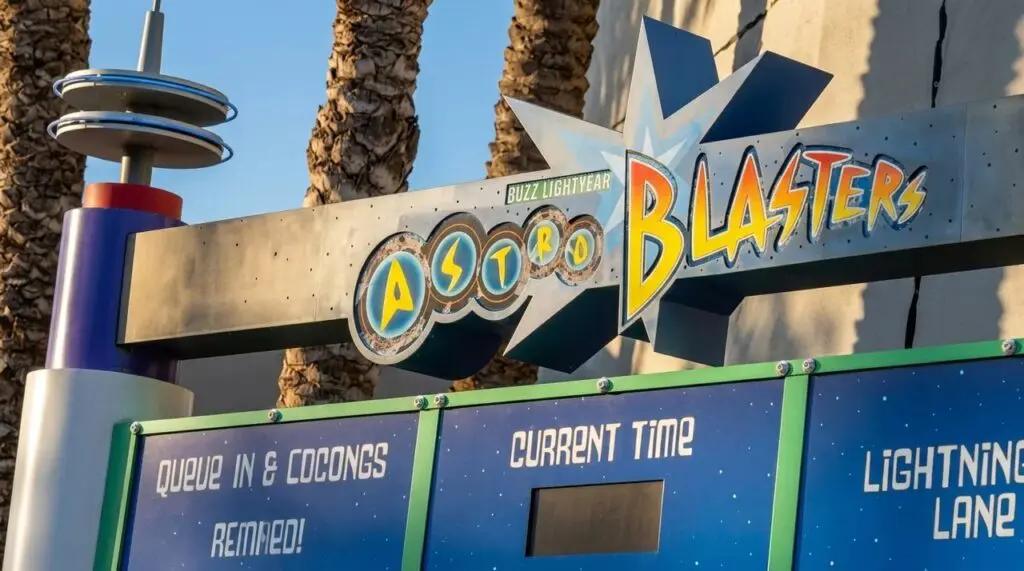 Astro Blasters Sign at Disneyland Resort in California.