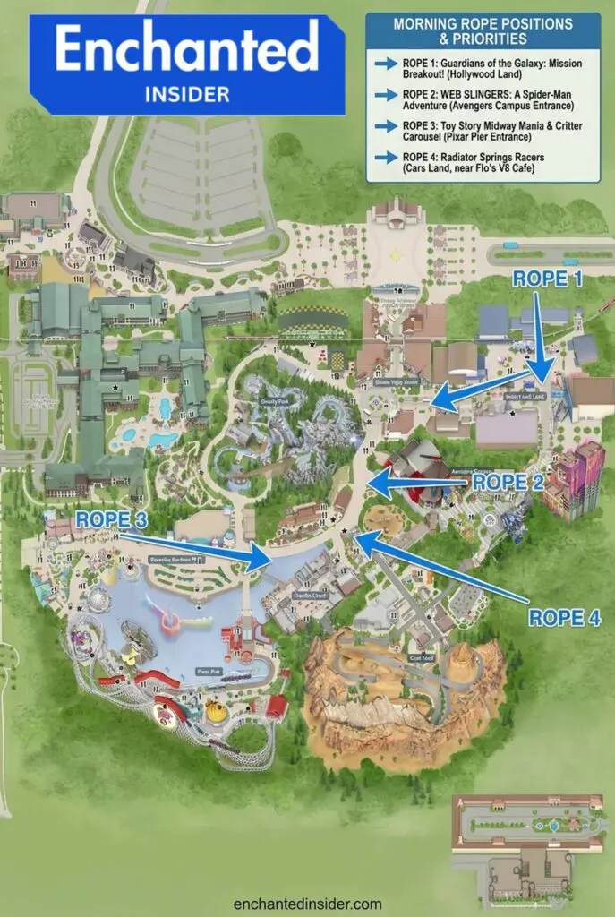 Map of new Disney California Adventure rope drop locations for 2026 showing Rope 1 Hollywood Land, Rope 2 Avengers Campus, Rope 3 Pixar Pier, and Rope 4 Cars Land near Flo's V8 Cafe.