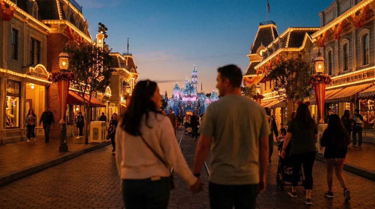 Couple holding hands on Main Street USA at Disneyland during sunset with Sleeping Beauty Castle in the background.