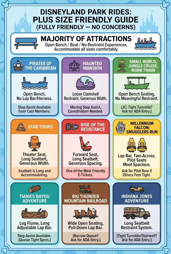 Infographic guide to plus size friendly rides at Disneyland including seatbelt and seating details.