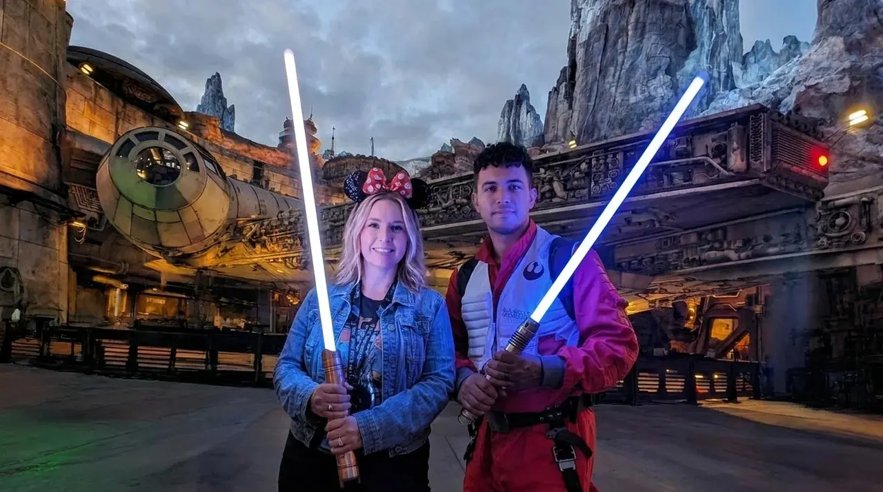 Star Wars Nite at Disneyland Resort at Galaxy's Edge with the Millenium Falcon in the Background