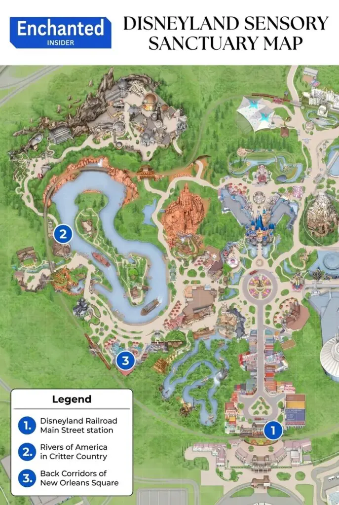 Disneyland Sensory Sanctuary Map showing quiet locations for autism and sensory relief.