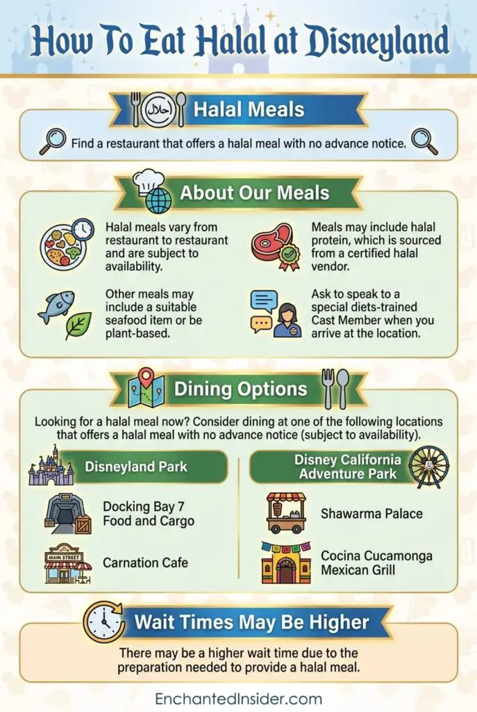 Infographic summary of how to eat Halal food at Disneyland Resort.