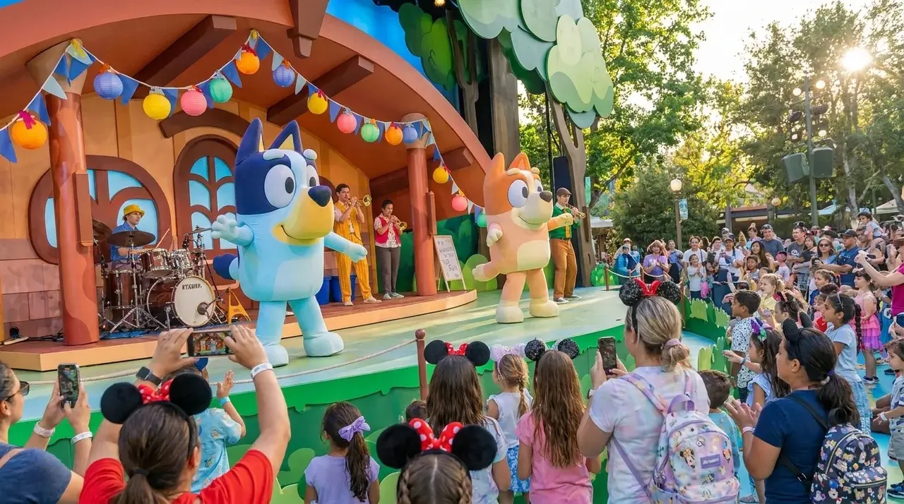 Bluey and Bingo performing live on stage at Disneyland's Fantasyland Theatre with a five-piece band during the 70th Anniversary celebration.