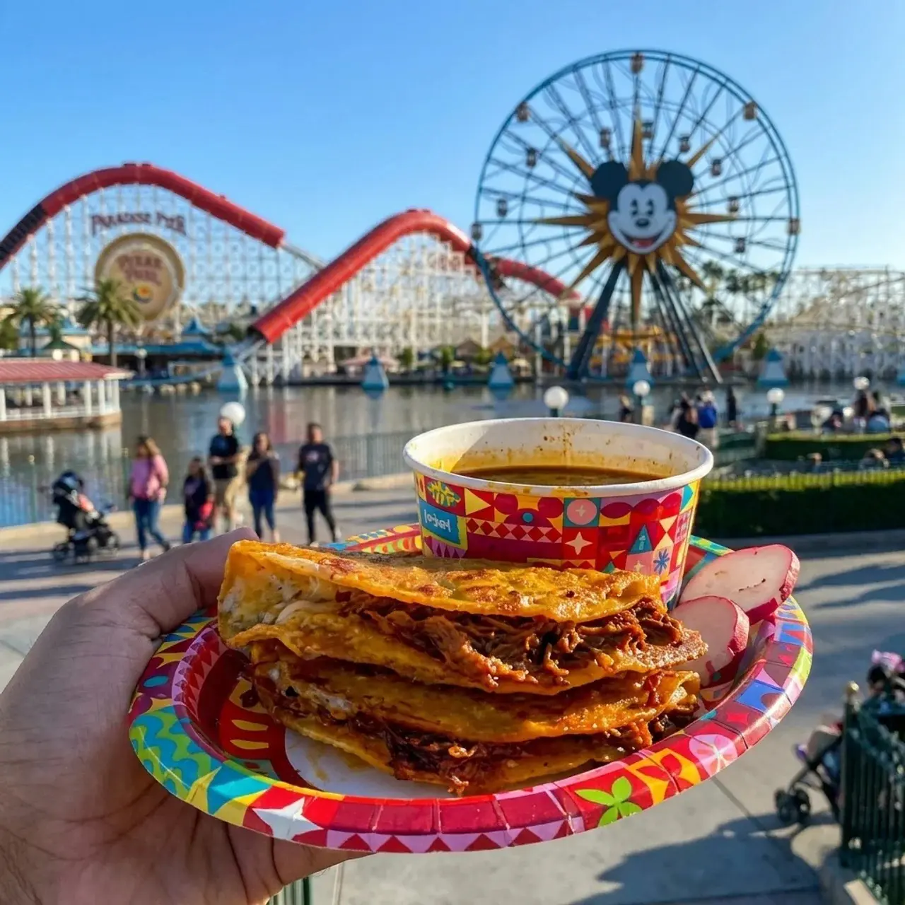quesabirria tacos at cocina cucamonga, pacific wharf, disneyland california adventure