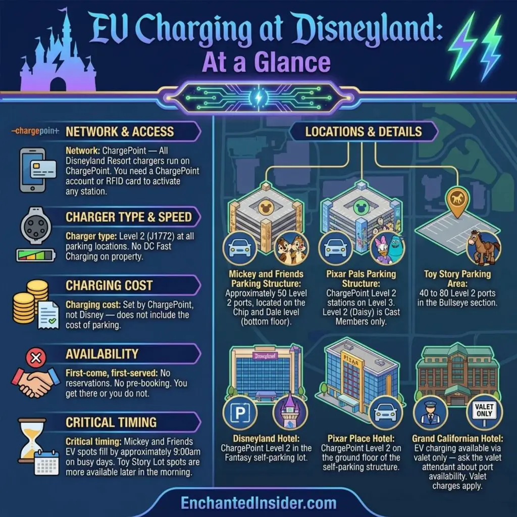 Infographic of EV charging and parking lot information at the Disneyland Resort