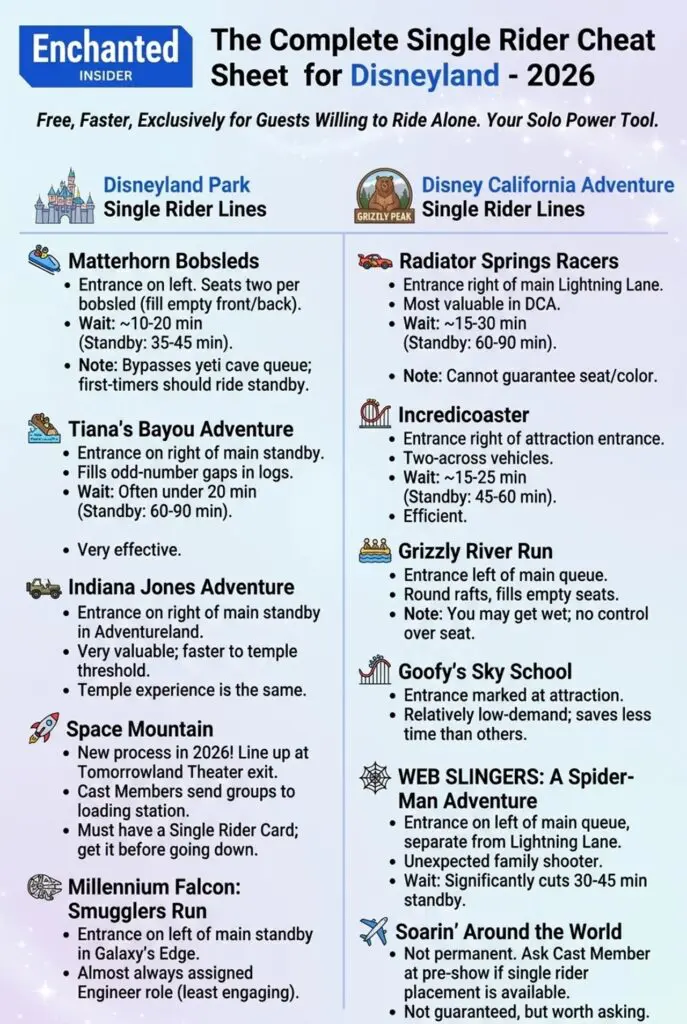 Infographic of all single rider lines at disneyland and disneyland's california adventure