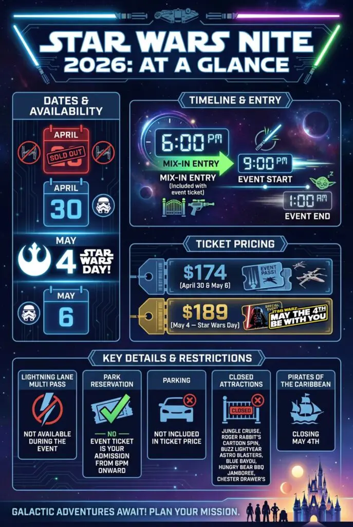 Infographic of the 2026 Disneyland Resort Star Wars Nite with event start times, ticketing information and closing time.