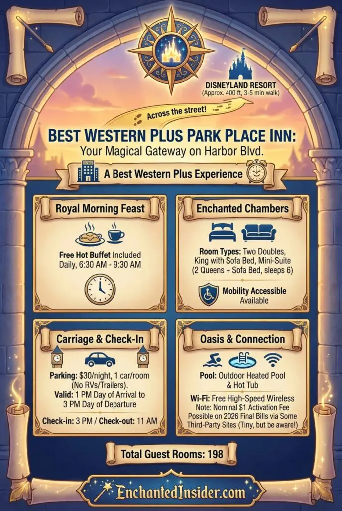 Infographic of the information of the closest hotel to disneyland, The Best Western Plus Park Place Inn.