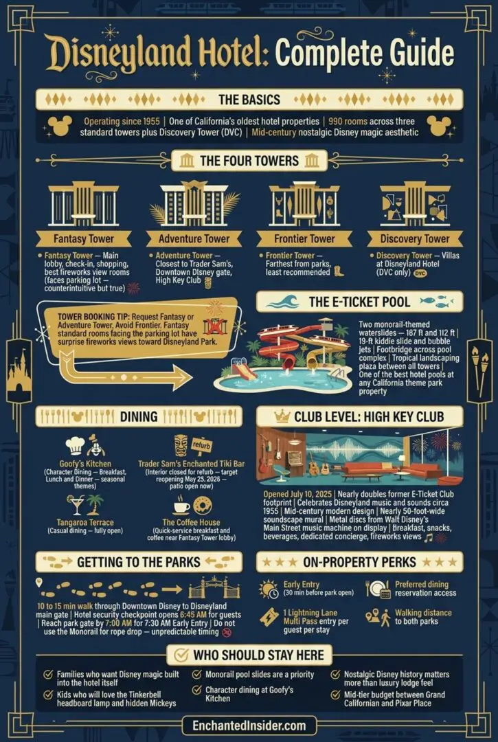 Disneyland Hotel infographic covering the four towers and which to request, the E-Ticket Pool monorail waterslides, character dining at Goofy's Kitchen, Trader Sam's refurbishment status, the newly opened High Key Club concierge lounge, walk times to the parks, and on-property perks including Early Entry and Lightning Lane.