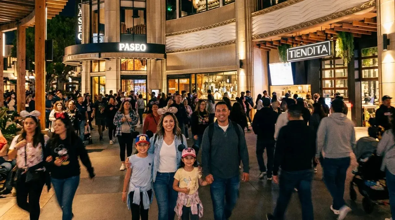 downtown disney at night, massive crowds walking by outside Tiendita restaurant and Paseo (downtown Disney)