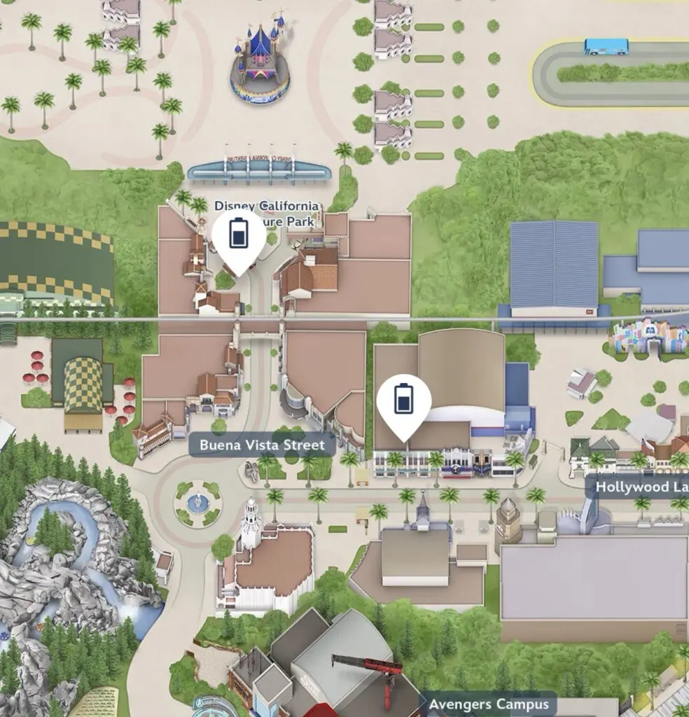 Map of Disneyland California Adventure FuelRod Charging Kiosks