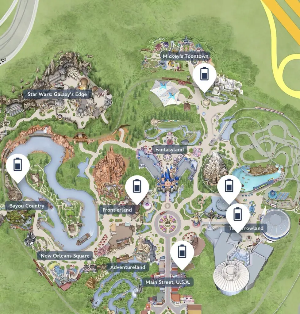 Map of Disneyland Resort with all FuelRod Kiosks at the Park.