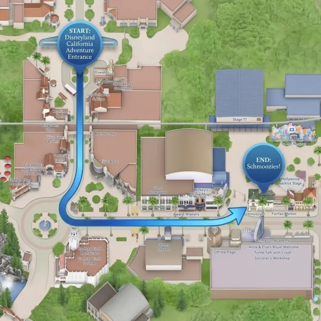 Map to Schmoozies from Disneyland California Adventure Entrance