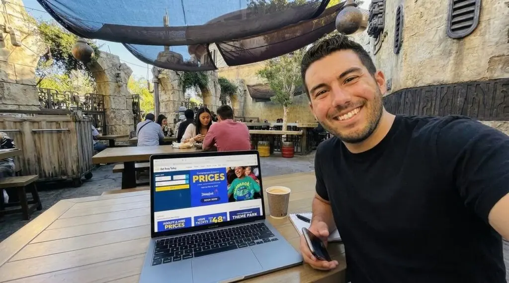 me at Disneyland with laptop with Get Away Today.