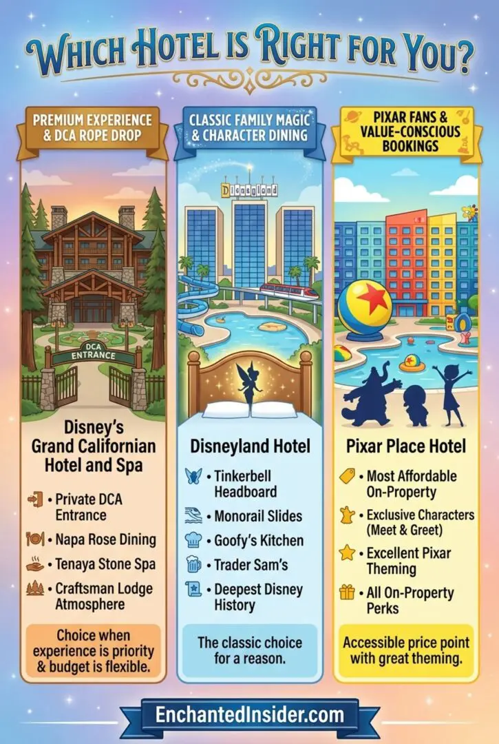 Side-by-side comparison infographic of the three on-property Disneyland Resort hotels for 2026 covering price ranges, DCA entrance access, walk times to the parks, pools, character dining and exclusive experiences, signature restaurants, Club Level lounges, spa availability, what is new in 2025 and 2026, who each hotel is best for, and the honest trade-off of each property.