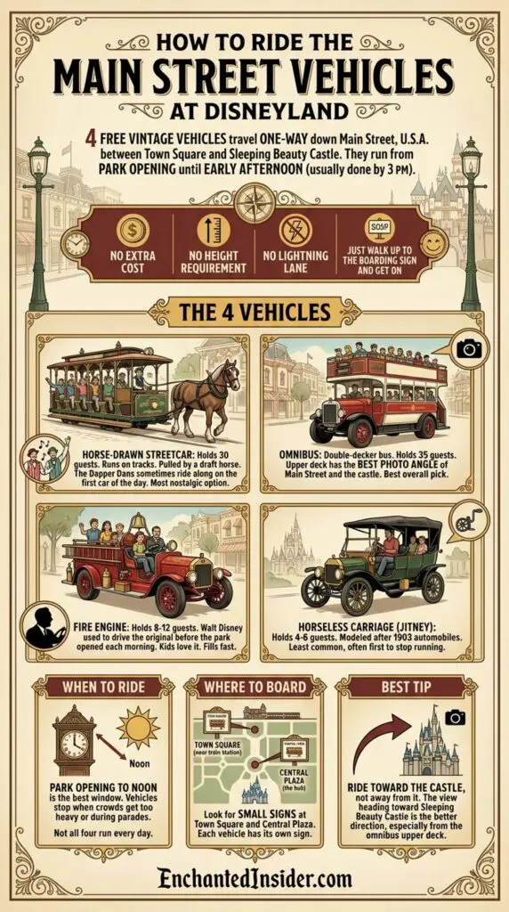 How to ride the main street vehicles at Disneyland Infographic