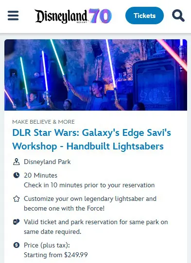 Reservation page for Savi's Workshop lightsaber building experience.
