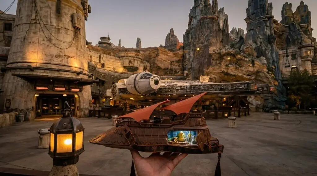 New Popcorn bucket, Jabba's Sail Barge Popcorn Bucket, against galaxy's edge backdrop at the Disneyland Resort.
