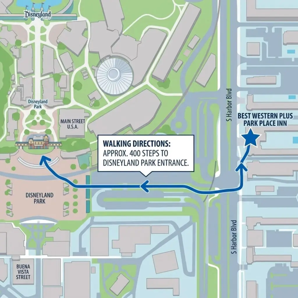 Walking Distance and Directions from Best Wester Plus Park Place Inn to Disneyland Front entrance.