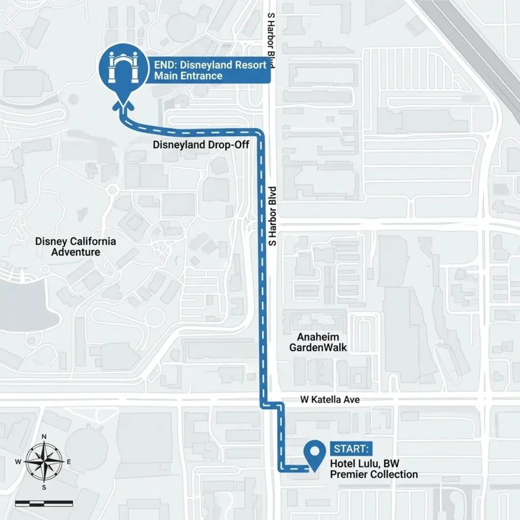 Walking directions to Disneyland Resort from Hotel Lulu in Anaheim.