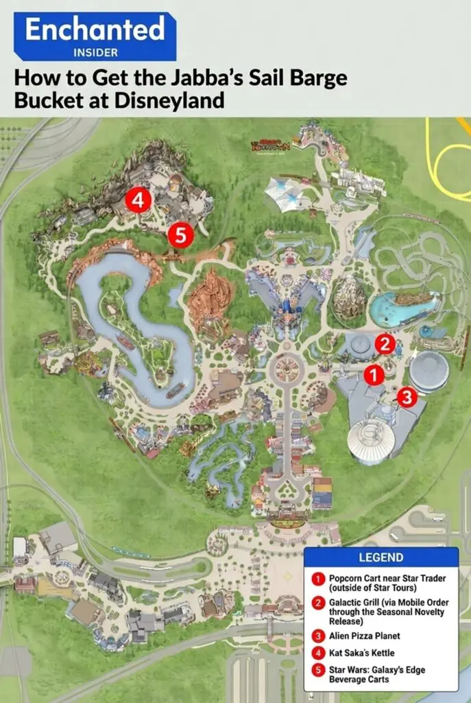 Map of where and how to buy Jabba's Sail Barge Popcorn Bucket at Disneyland Resort
