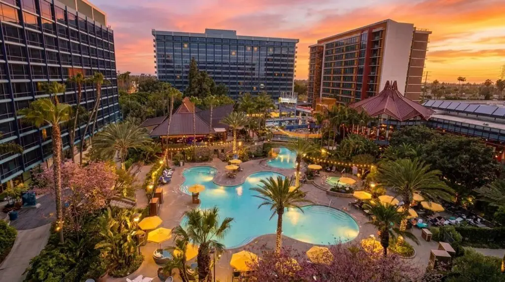 Disneyland Resort Pool Complex at Sunset.
