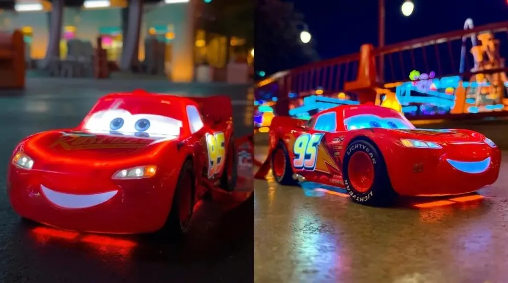 Lightning Mcqueen Popcorn Bucket amongst the neon lights in Radiator Springs at Disneyland.