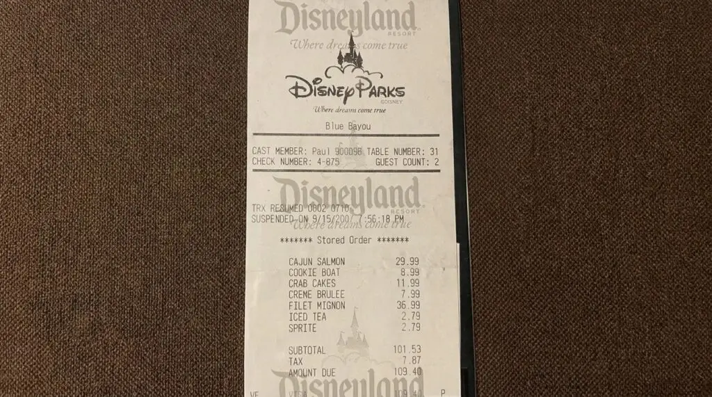 Blue Bayou at Disneyland Reciept