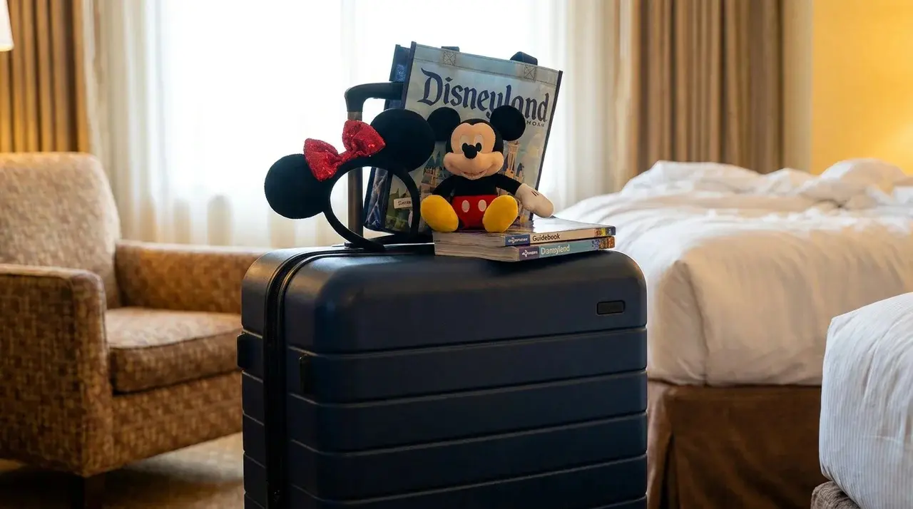 Disneyland Luggage with Souvenirs sitting on top.