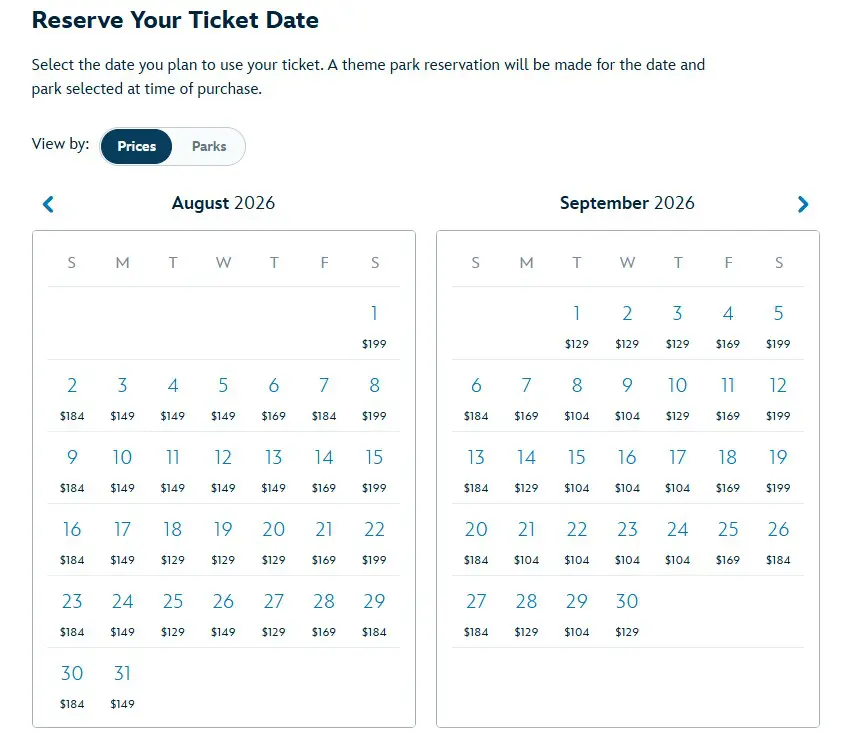 Disneyland online ticket pricing variations throughout the season