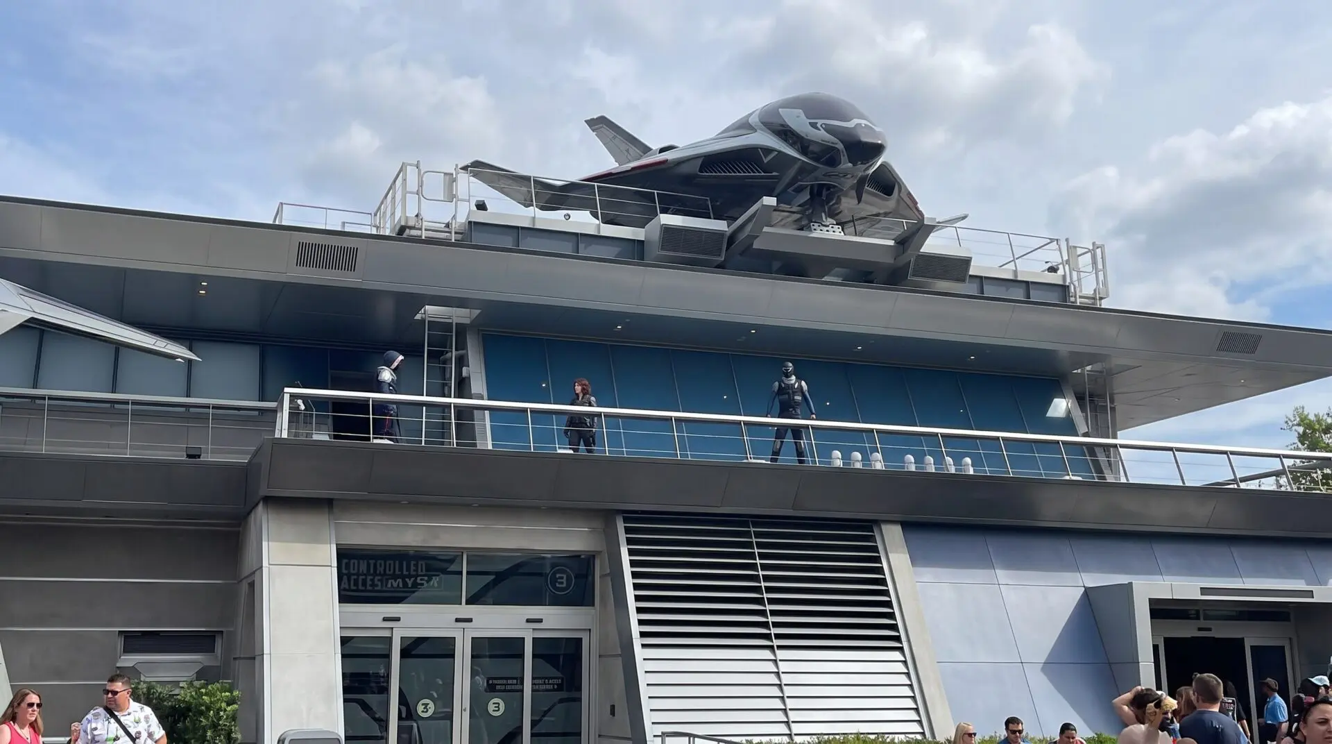 Avengers Headquarters and Quinjet at Avengers Campus in Disney California Adventure on a cloudy morning