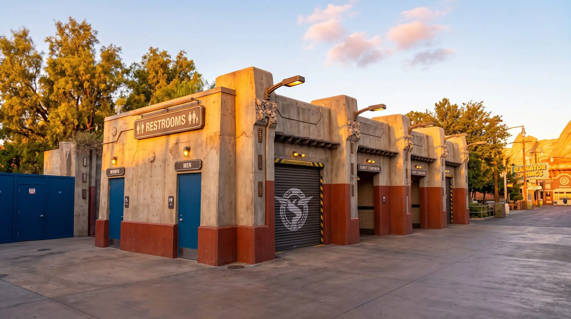 Dual-themed restroom building on the Cars Land and Avengers Campus walkway at Disney California Adventure in late afternoon light