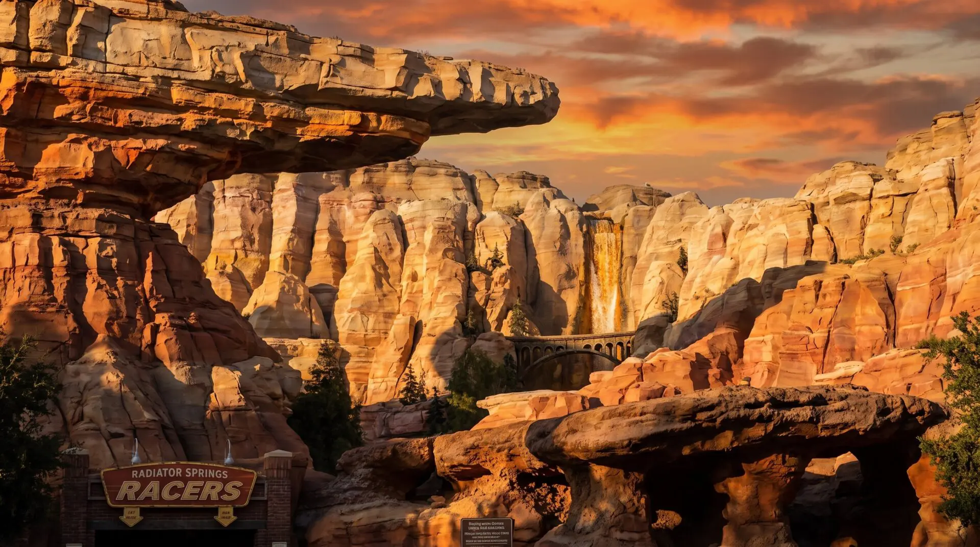 Radiator Springs Racers canyon rockwork in Cars Land at Disney California Adventure during sunset