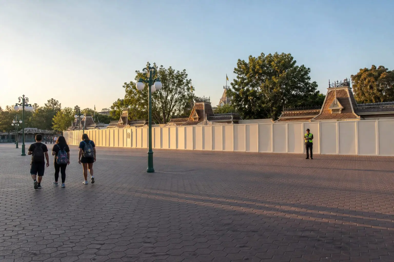 East Disneyland esplanade with off-white construction walls around ticket booths in late-afternoon light, a few guests walking the brick plaza and a security officer in a neon vest