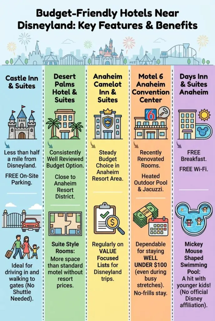 Infographic of cheap hotels surrounding disneyland under $100
