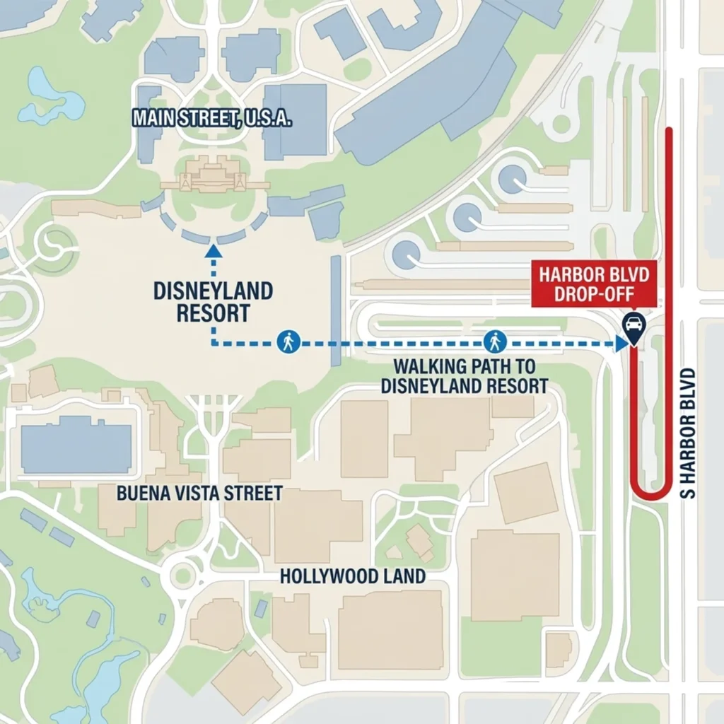 Map of Harbor Boulevard with walking instructions to get to the Disneyland Resort